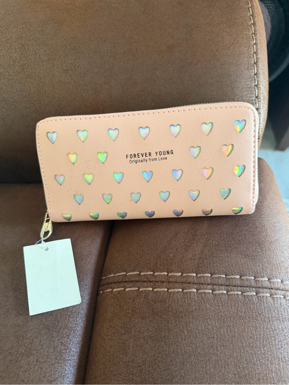 Forever Young Peach Wallet with Holographic Hearts